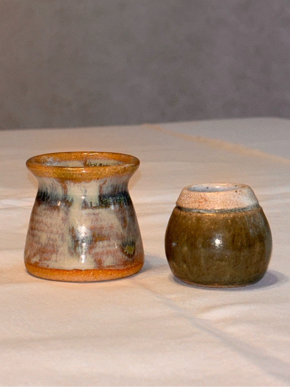 Vintage Studio Pottery Mini Bud Vase Pair Handmade Stoneware Earth Tone Signed